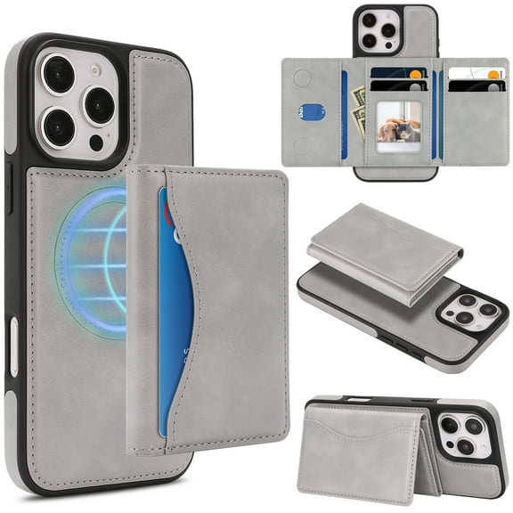 Allytechgroup 2 In 1 Wallet Case for Apple iPhone 13, Detachable Cards Holder Magnetic Back Cover [Compatible with Magsafe] Anti-Scratch Drop Proof Phone Case Shell for Women Men, Gray