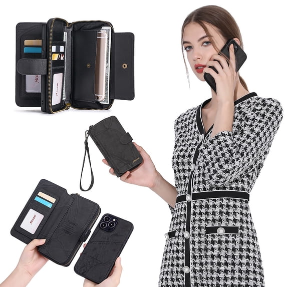 Allytechgroup 2 in 1 Wallet Case for Apple iPhone 13 Pro Max, Detachable Back Cover Zipper Purse Card Holder Shockproof Hand Wrist Phone Case for Apple iPhone 13 Pro Max, Black