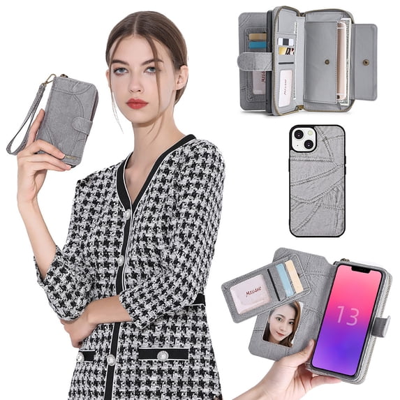Allytechgroup 2 in 1 Wallet Case for Apple iPhone 13 mini, Detachable Back Cover Zipper Purse Card Holder Shockproof Hand Wrist Phone Case for Apple iPhone 13 mini, Gray