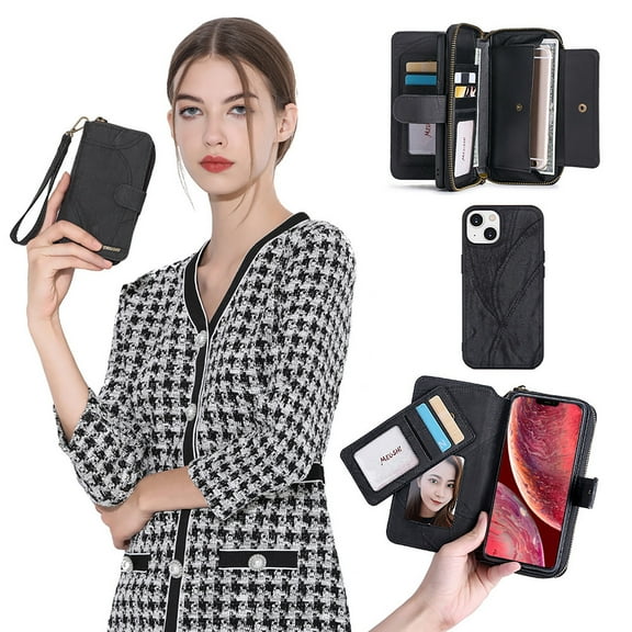 Allytechgroup 2 in 1 Wallet Case for Apple iPhone 13 mini, Detachable Back Cover Zipper Purse Card Holder Shockproof Hand Wrist Phone Case for Apple iPhone 13 mini, Black