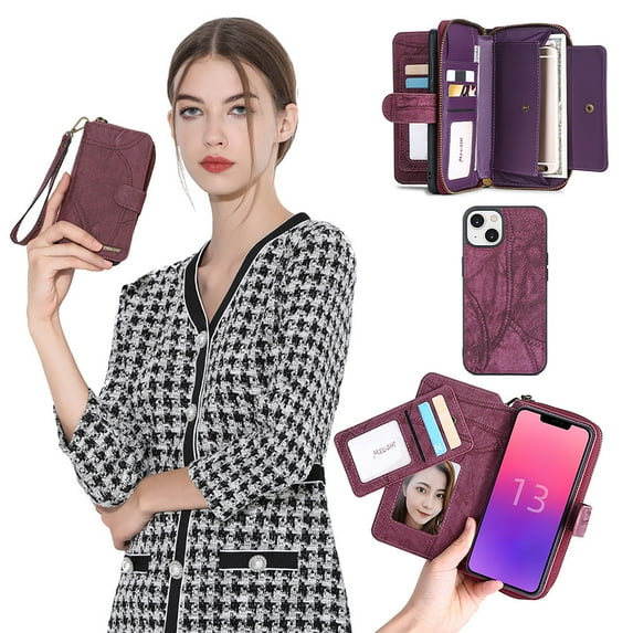 Allytechgroup 2 in 1 Wallet Case for Apple iPhone 14, Detachable Back Cover Zipper Purse Card Holder Shockproof Hand Wrist Phone Case for Apple iPhone 14, Winered
