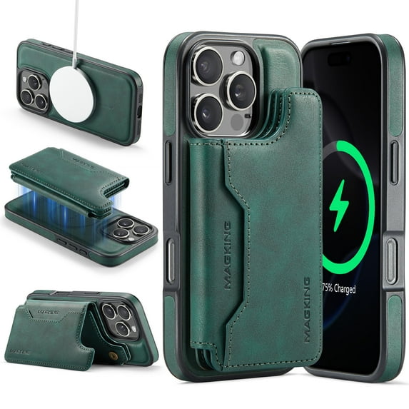 Allytechgroup 2 In 1 Wallet Case for Apple iPhone 14 Plus, Compatible with Mag-safe Detachable 7 Cards Holder RFID Blocking Shockproof Premium PU Leather Phone Case Cover for Women Men, Green