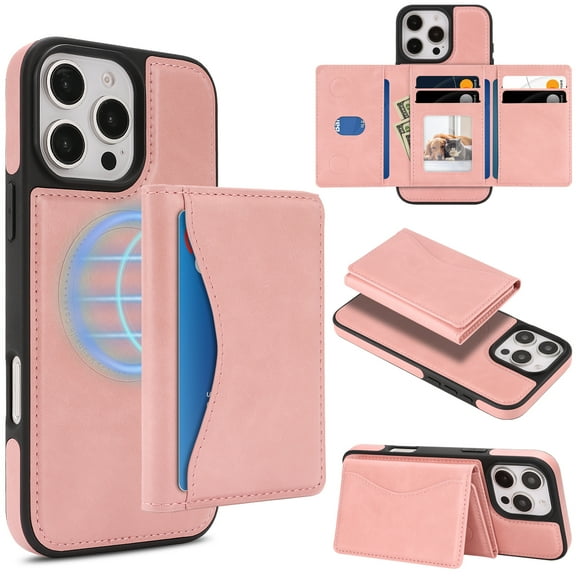 Allytechgroup 2 In 1 Wallet Case for Apple iPhone 15, Detachable Cards Holder Magnetic Back Cover [Compatible with Magsafe] Anti-Scratch Drop Proof Phone Case Shell for Women Men, Pink