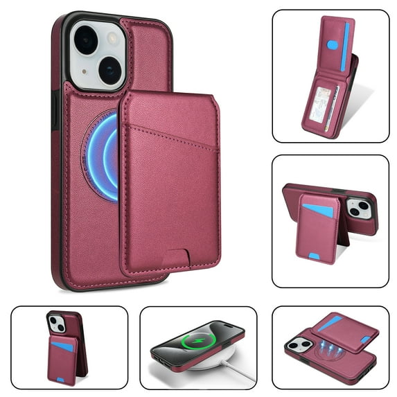 Allytechgroup 2 In 1 Wallet Case for Apple iPhone 15 Plus, Detachable Cards Holder Compatible with Magsafe Anti-Scratch Bumper Shockproof Drop Protection Phone Case for Women Men, Red