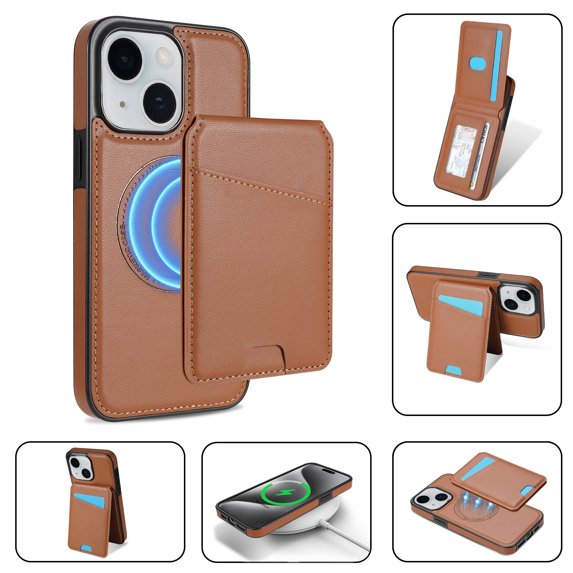 Allytechgroup 2 In 1 Wallet Case for Apple iPhone 15 Plus, Detachable Cards Holder Compatible with Magsafe Anti-Scratch Bumper Shockproof Drop Protection Phone Case for Women Men, Brown
