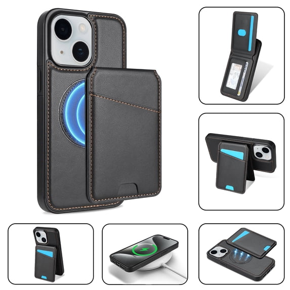 Allytechgroup 2 In 1 Wallet Case for Apple iPhone 15 Plus, Detachable Cards Holder Compatible with Magsafe Anti-Scratch Bumper Shockproof Drop Protection Phone Case for Women Men, Black