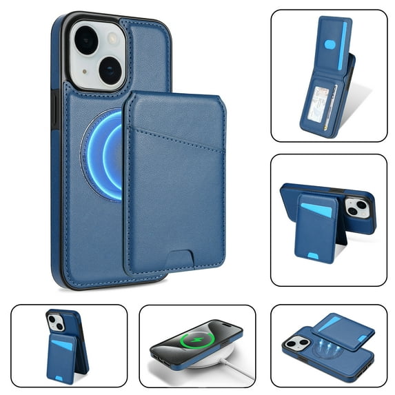 Allytechgroup 2 In 1 Wallet Case for Apple iPhone 15 Plus, Detachable Cards Holder Compatible with Magsafe Anti-Scratch Bumper Shockproof Drop Protection Phone Case for Women Men, Blue