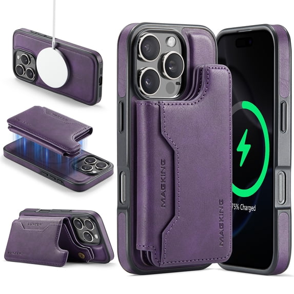 Allytechgroup 2 In 1 Wallet Case for Apple iPhone 15 Pro, Compatible with Mag-safe Detachable 7 Cards Holder RFID Blocking Shockproof Premium PU Leather Phone Case Cover for Women Men, Purple