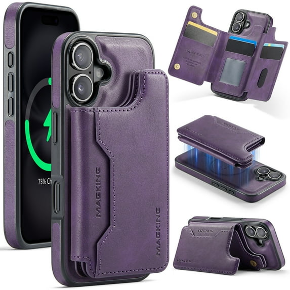 Allytechgroup 2 In 1 Wallet Case for Apple iPhone 16, Compatible with Mag-safe Detachable 7 Cards Holder RFID Blocking Shockproof Premium PU Leather Phone Case Cover for Women Men, Purple