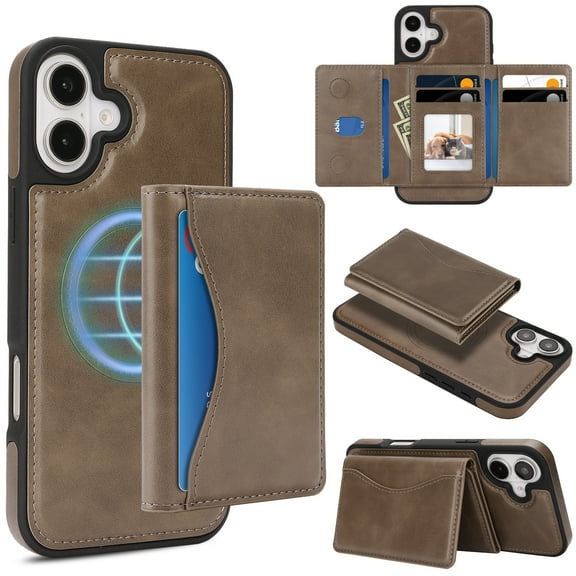 Allytechgroup 2 In 1 Wallet Case for Apple iPhone 16, Detachable Cards Holder Magnetic Back Cover [Compatible with Magsafe] Anti-Scratch Drop Proof Phone Case Shell for Women Men, Coffee