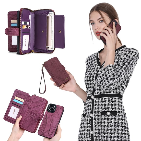 Allytechgroup 2 in 1 Wallet Case for Apple iPhone 16 Pro Max, Detachable Back Cover Zipper Purse Card Holder Shockproof Hand Wrist Phone Case for Apple iPhone 16 Pro Max, Winered