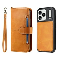 Allytechgroup 2 in 1 Wallet Case for Apple iPhone 17 Pro, Retro PU Leather Flip Cover Stand Magnetic Detachable Case with Cards Slots Hand Wrist Protective Phone Case for Women Men, Brown