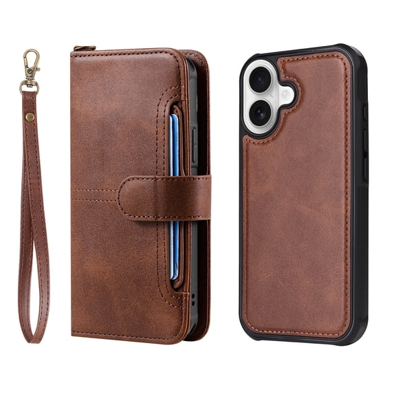 Allytechgroup 2 in 1 Wallet Case for Apple iPhone 17, Retro PU Leather Flip Cover Stand Magnetic Detachable Case with Cards Slots Hand Wrist Protective Phone Case for Women Men, Coffee
