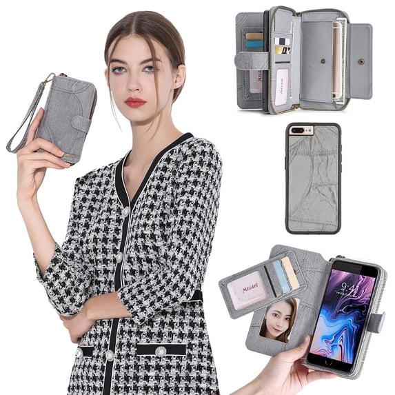 Allytechgroup 2 in 1 Wallet Case for Apple iPhone 7 Plus/ iPhone 8 Plus, Detachable Back Cover Zipper Purse Card Holder Shockproof Hand Wrist Phone Case for Apple iPhone 7 Plus/ iPhone 8 Plus, Gray