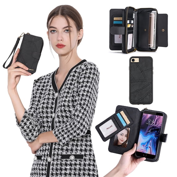 Allytechgroup 2 in 1 Wallet Case for Apple iPhone SE 2022/2020/ iPhone 7 8, Detachable Back Cover Zipper Purse Card Holder Shockproof Hand Wrist Phone Case for Apple iPhone SE 3rd 2nd Gen, Black
