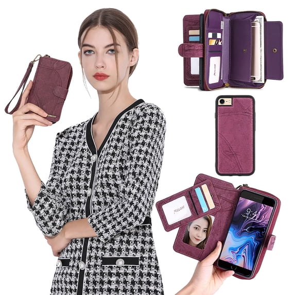 Allytechgroup 2 in 1 Wallet Case for Apple iPhone SE 2022/2020/ iPhone 7 8, Detachable Back Cover Zipper Purse Card Holder Shockproof Hand Wrist Phone Case for Apple iPhone SE 3rd 2nd Gen, Winered