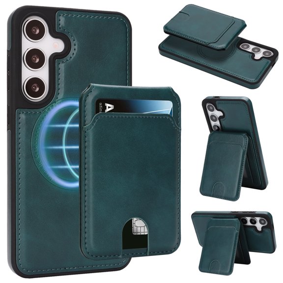 Allytechgroup MagSafe Compatible Faux Leather Hard Shell Wallet Cell Phone Case with Card Holder for Samsung Galaxy S24+, Green