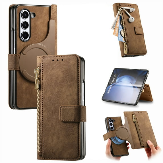 Allytechgroup 2 in 1 Wallet Case for Samsung Galaxy Z Fold 4, Magnetic Detachable Back Cover with Zipper Pocket Cards Slots Stand RFID Blocking Shockproof Phone Case for Galaxy Z Fold 4,Brown