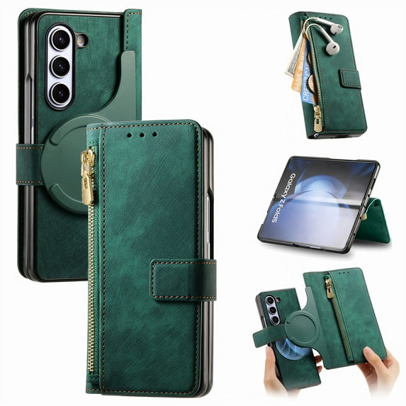 Allytechgroup 2 in 1 Wallet Case for Samsung Galaxy Z Fold 5, Magnetic Detachable Back Cover with Zipper Pocket Cards Slots Stand RFID Blocking Shockproof Phone Case for Galaxy Z Fold 5,Green