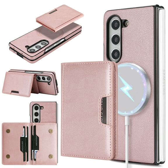Allytechgroup 2 in 1 Wallet Case for Samsung Galaxy Z Fold 6, Detachable Cards Holder [Compatible with Magsafe] Shockproof Anti-Scratch Slim Fit Shell Cover for Galaxy Z Fold 6, Rosegold