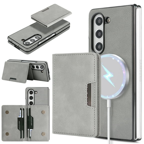 Allytechgroup 2 in 1 Wallet Case for Samsung Galaxy Z Fold 6, Detachable Cards Holder [Compatible with Magsafe] Shockproof Anti-Scratch Slim Fit Shell Cover for Galaxy Z Fold 6, Gray