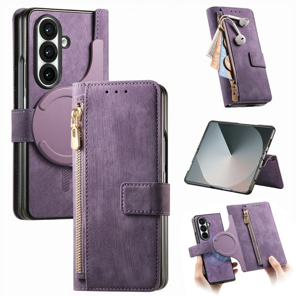 Allytechgroup 2 in 1 Wallet Case for Samsung Galaxy Z Fold 7, Magnetic Detachable Back Cover with Zipper Pocket Cards Slots Stand RFID Blocking Shockproof Phone Case for Galaxy Z Fold 7,Purple