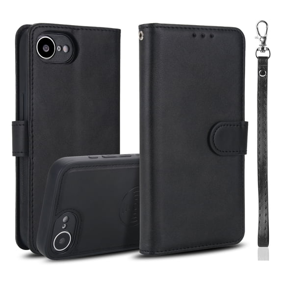 Allytechgroup 2 In 1 Wallet Case for iPhone 16e, RFID Blocking Detachable Back Cover Shockproof Protective Cards Holder Hand Wrist Phone Case for iPhone 16e, Black