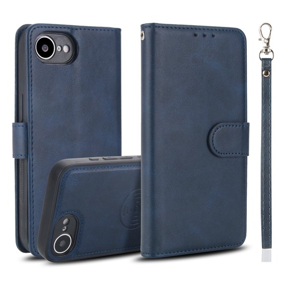 Allytechgroup 2 In 1 Wallet Case for iPhone 16e, RFID Blocking Detachable Back Cover Shockproof Protective Cards Holder Hand Wrist Phone Case for iPhone 16e, Blue