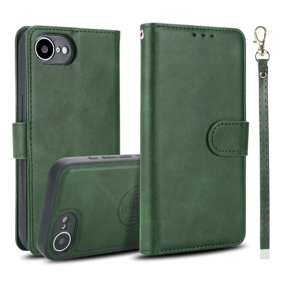 Allytechgroup 2 In 1 Wallet Case for iPhone 16e, RFID Blocking Detachable Back Cover Shockproof Protective Cards Holder Hand Wrist Phone Case for iPhone 16e, Green