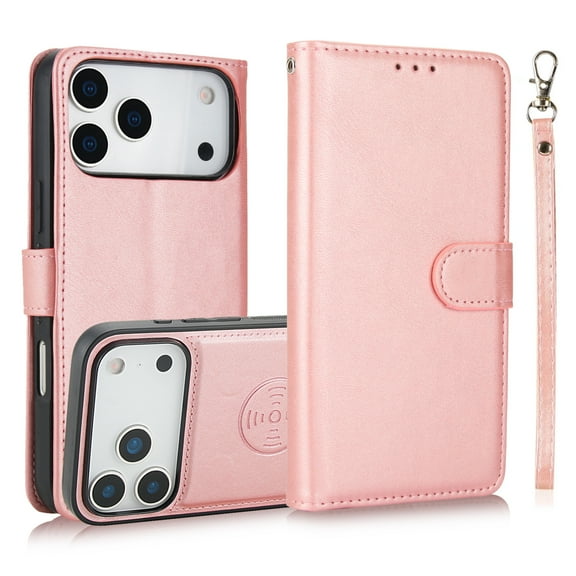 Allytechgroup 2 In 1 Wallet Case for iPhone 17 Pro, RFID Blocking Detachable Back Cover Shockproof Protective Cards Holder Hand Wrist Slim Lightweight Phone Case for iPhone 17 Pro, Rosegold