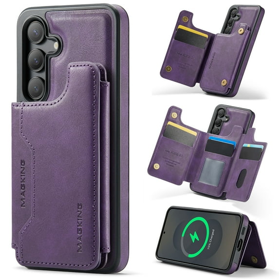 Allytechgroup 2 In 1 Wallet Phone Case for Samsung Galaxy S24 Ultra Plus, Compatible with Magsafe RFID Blocking Cover with 7 Cards Slots Stand Protective Business Type Case for Women Men, Purple