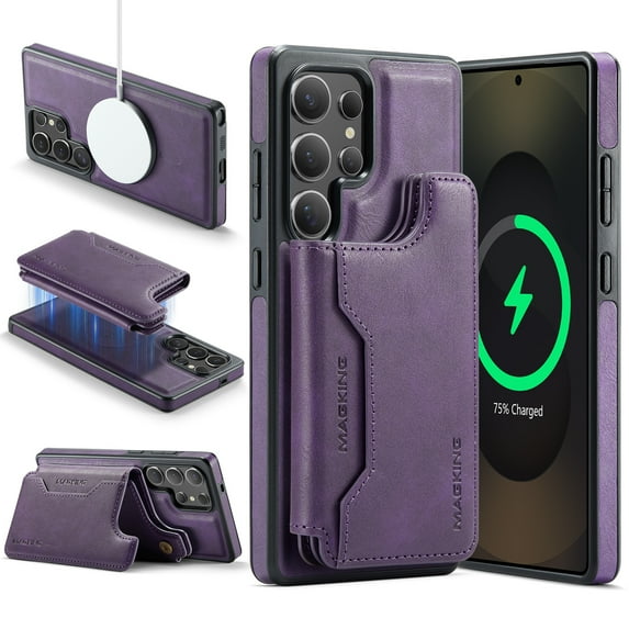 Allytechgroup 2 In 1 Wallet Phone Case for Samsung Galaxy S25 Ultra, Compatible with Magsafe RFID Blocking Cover with 7 Cards Slots Stand Protective Business Type Case for Women Men, Purple