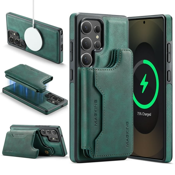 Allytechgroup 2 In 1 Wallet Phone Case for Samsung Galaxy S25 Ultra, Compatible with Magsafe RFID Blocking Cover with 7 Cards Slots Stand Protective Business Type Case for Women Men, Green