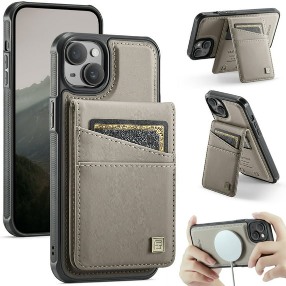 Allytechgroup 2 In 1 Wallet Case for iPhone 15, PU Leather Magnetic Case with Detachable Cards Holder Support Wireless Charging Full Body Protector Cover for iPhone 15, Gray