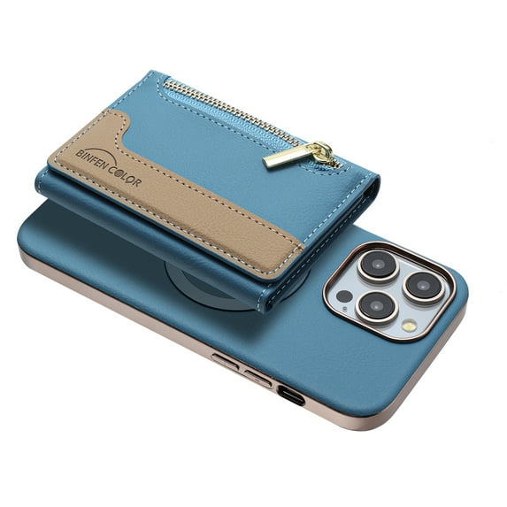 Allytechgroup 2-in-1 Magnetic Wallet Case for Apple iPhone 13 Pro, Detachable Card Holder with Zipper Pocket RFID Blocking Kickstand PU Leather Protective Flip Cover with 6 Slots, Lightblue