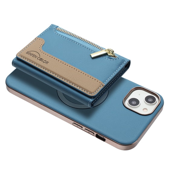 Allytechgroup 2-in-1 Magnetic Wallet Case for Apple iPhone 15, Detachable Card Holder with Zipper Pocket RFID Blocking Kickstand PU Leather Protective Flip Cover with 6 Slots, Lightblue