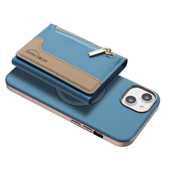 Allytechgroup 2-in-1 Magnetic Wallet Case for Apple iPhone 15 Plus, Detachable Card Holder with Zipper Pocket RFID Blocking Kickstand PU Leather Protective Flip Cover with 6 Slots, Lightblue