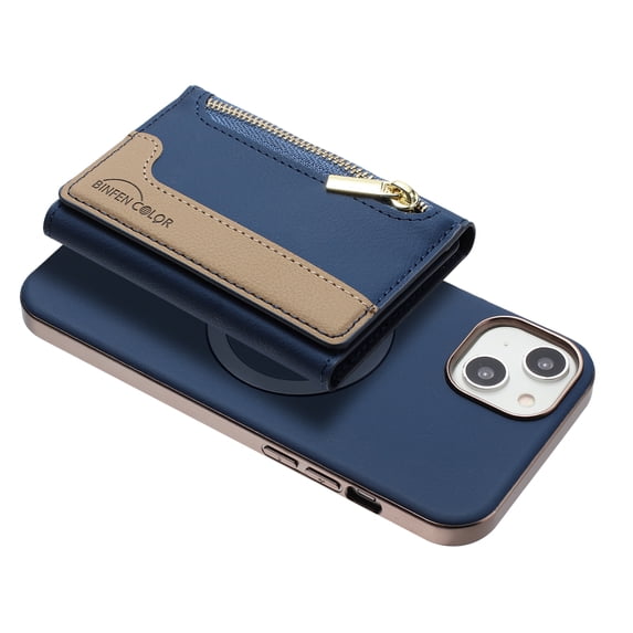 Allytechgroup 2-in-1 Magnetic Wallet Case for Apple iPhone 15 Plus, Detachable Card Holder with Zipper Pocket RFID Blocking Kickstand PU Leather Protective Flip Cover with 6 Slots, Darkblue