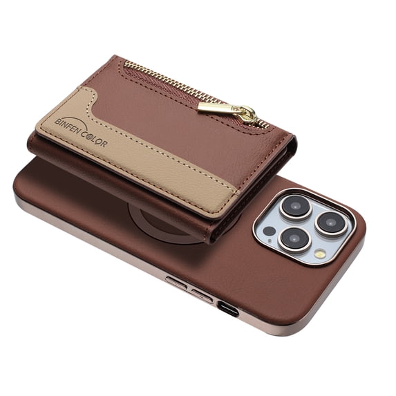 Allytechgroup 2-in-1 Magnetic Wallet Case for Apple iPhone 15 Pro Max, Detachable Card Holder with Zipper Pocket RFID Blocking Kickstand PU Leather Protective Flip Cover with 6 Slots, Brown