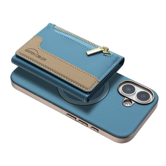 Allytechgroup 2-in-1 Magnetic Wallet Case for Apple iPhone 16, Detachable Card Holder with Zipper Pocket RFID Blocking Kickstand PU Leather Protective Flip Cover with 6 Slots, Lightblue