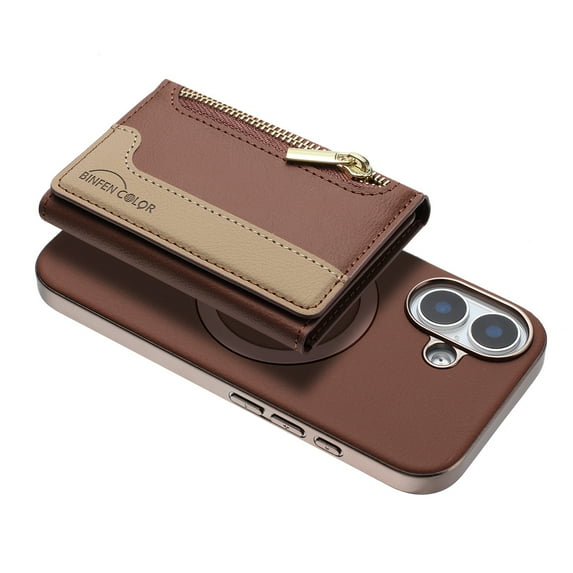 Allytechgroup 2-in-1 Magnetic Wallet Case for Apple iPhone 16 Plus, Detachable Card Holder with Zipper Pocket RFID Blocking Kickstand PU Leather Protective Flip Cover with 6 Slots, Brown