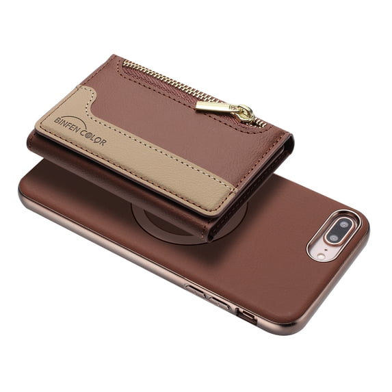 Allytechgroup 2-in-1 Magnetic Wallet Case for Apple iPhone 8 Plus/7 Plus, Detachable Card Holder with Zipper Pocket RFID Blocking Kickstand PU Leather Protective Flip Cover with 6 Slots, Brown
