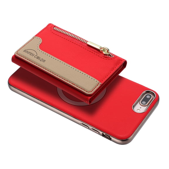 Allytechgroup 2-in-1 Magnetic Wallet Case for Apple iPhone 8 Plus/7 Plus, Detachable Card Holder with Zipper Pocket RFID Blocking Kickstand PU Leather Protective Flip Cover with 6 Slots, Red