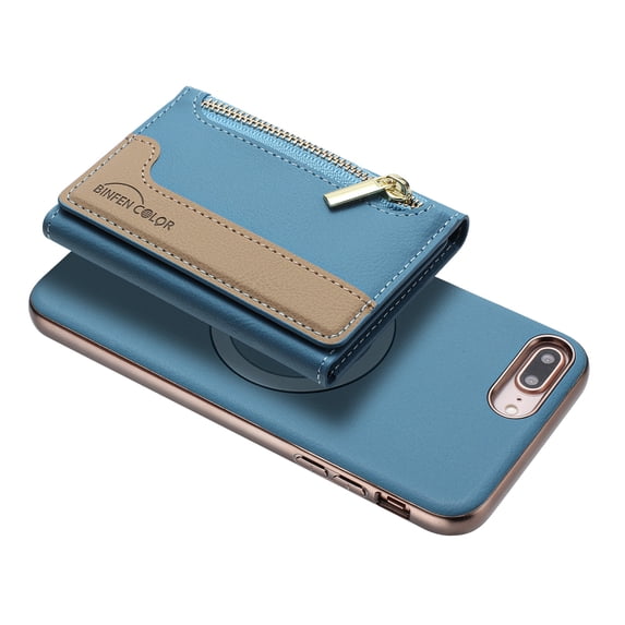 Allytechgroup 2-in-1 Magnetic Wallet Case for Apple iPhone 8 Plus/7 Plus, Detachable Card Holder with Zipper Pocket RFID Blocking Kickstand PU Leather Protective Flip Cover with 6 Slots, Lightblue