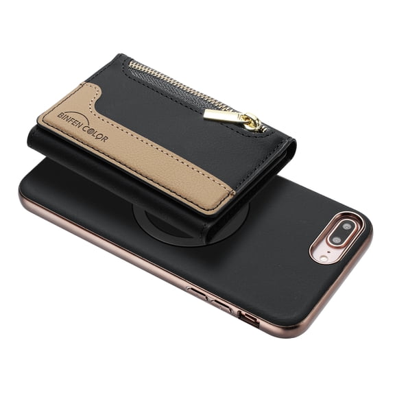 Allytechgroup 2-in-1 Magnetic Wallet Case for Apple iPhone 8 Plus/7 Plus, Detachable Card Holder with Zipper Pocket RFID Blocking Kickstand PU Leather Protective Flip Cover with 6 Slots, Black