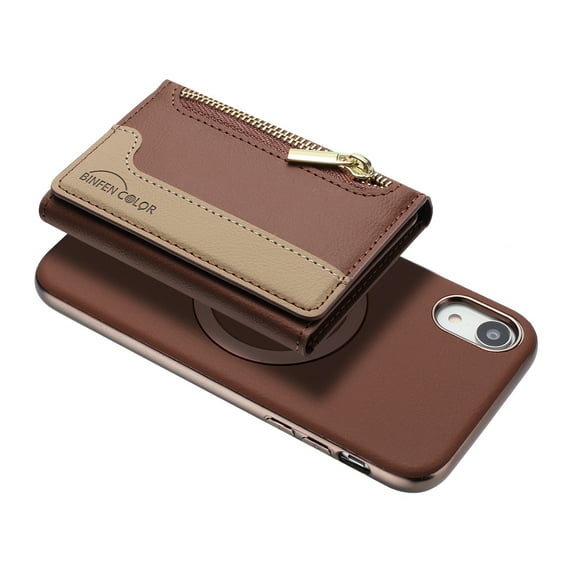 Allytechgroup 2-in-1 Magnetic Wallet Case for Apple iPhone XR, Detachable Card Holder with Zipper Pocket RFID Blocking Kickstand PU Leather Protective Flip Cover with 6 Slots, Brown