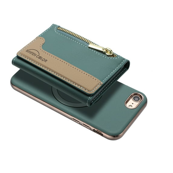 Allytechgroup 2-in-1 Magnetic Wallet Case for iPhone 7 / 8 / SE 2022 & 2020, Detachable Card Holder with Zipper Pocket RFID Blocking Kickstand PU Leather Protective Flip Cover with 6 Slots, Green