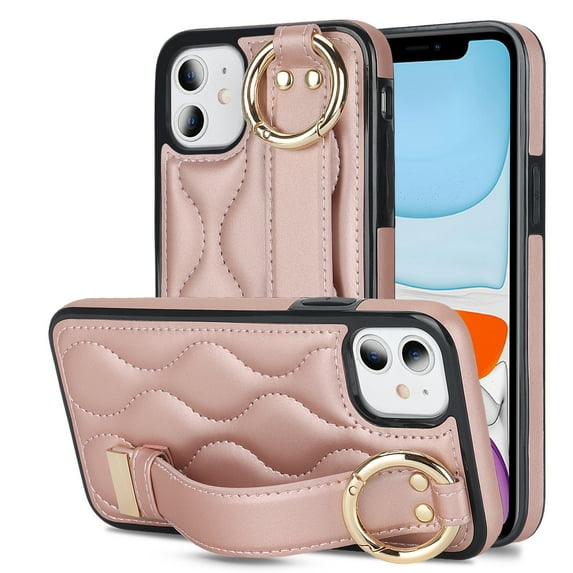Allytechgroup 2024 New Trendy Back Case Cover for Apple iPhone 11, Premium PU Leather Luxury Design with Ring Holder Stand Bracket Bumper Shockproof Phone Case for Girls Women, Rosegold
