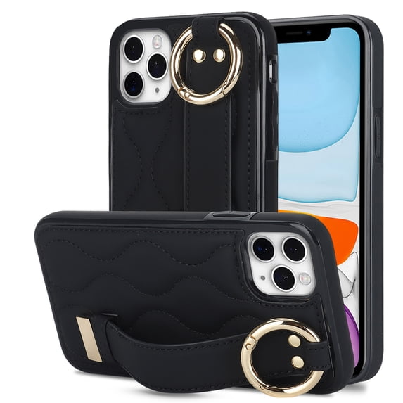 Allytechgroup 2024 New Trendy Back Case Cover for Apple iPhone 12/ iPhone 12 Pro, Premium PU Leather Luxury Design with Ring Holder Stand Bracket Bumper Shockproof Phone Case for Girls Women, Black