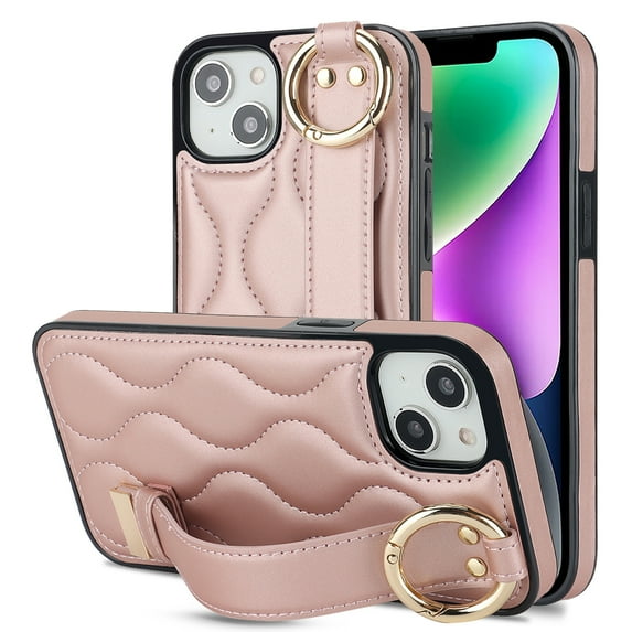 Allytechgroup 2024 New Trendy Back Case Cover for Apple iPhone 13, Premium PU Leather Luxury Design with Ring Holder Stand Bracket Bumper Shockproof Phone Case for Girls Women, Rosegold